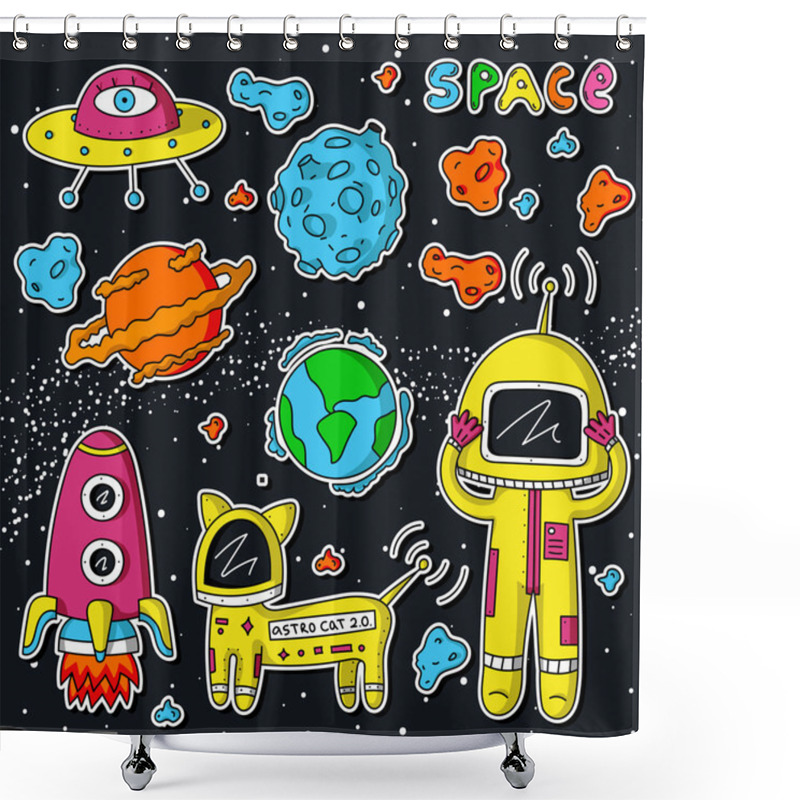 Personality  Astronaut, Cosmo Cat And Asteroids Shower Curtains