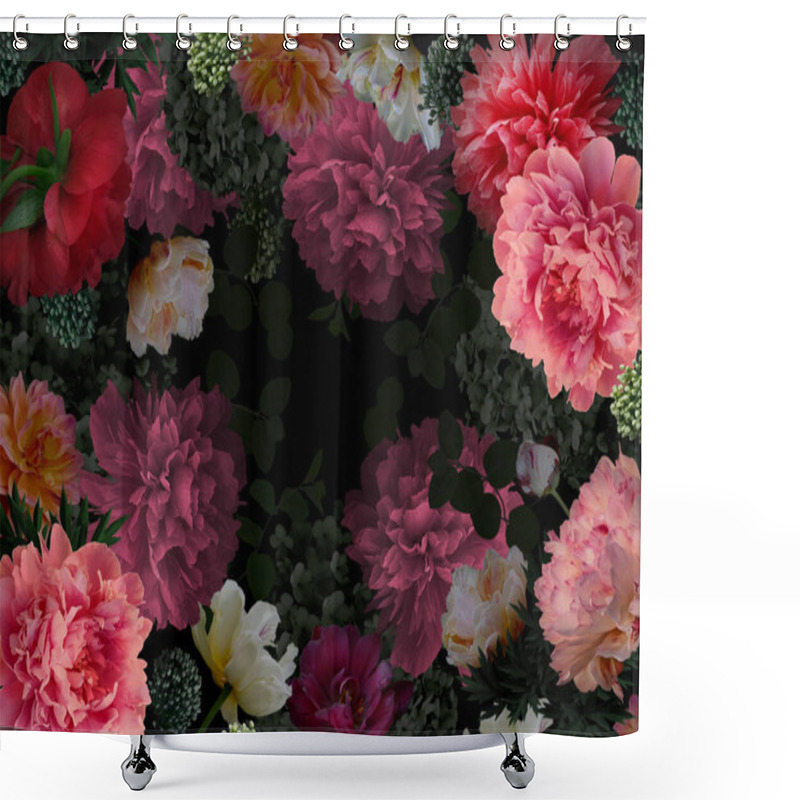 Personality  Vintage Floral Frame. Flowers Peonies, Tulips, Branches, Leaves, Decorative Herbs On Black Background. Flower Illustration Baroque Style. For Business Cards, Posters, Signs, Covers, Advertising. Shower Curtains