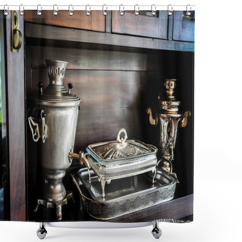 Personality  Silver Tea Set On A Tray Reflected On Its Surface A Living Room, Antique Stuff Shower Curtains