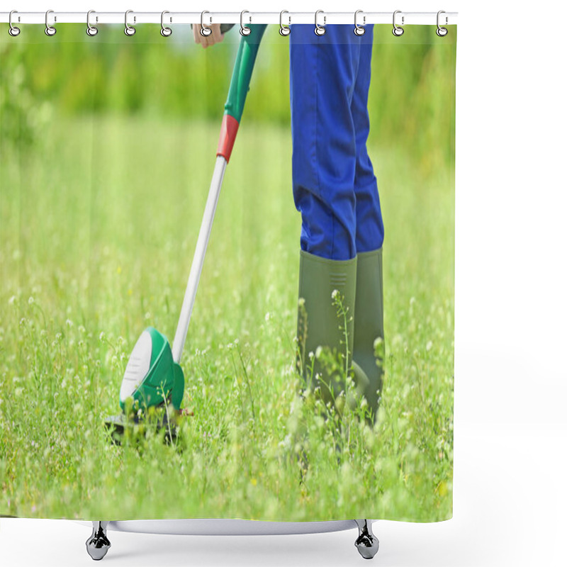 Personality  Worker Mowing Lawn With Grass Trimmer  Shower Curtains