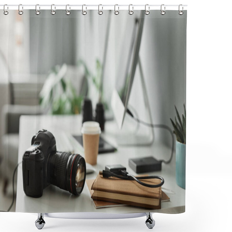 Personality  Close Up Of Professional Digital Camera On Desk At Photographers Workplace, Copy Space Shower Curtains