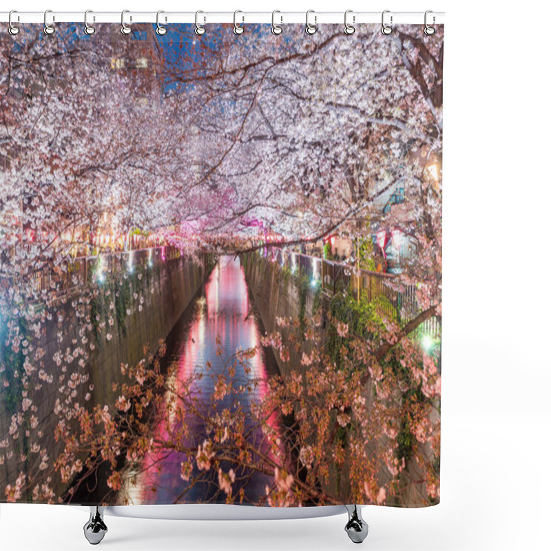 Personality  Cherry Blossom Lined Meguro Canal At Night In Tokyo, Japan. Spri Shower Curtains