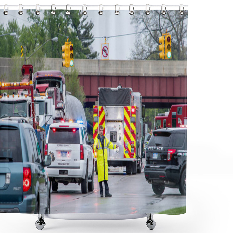 Personality  May 18 2018 Stevensville MI USA;  A Police Officer In Rain Gear Directs Traffic At The Scene Of A Bad Accident Shower Curtains