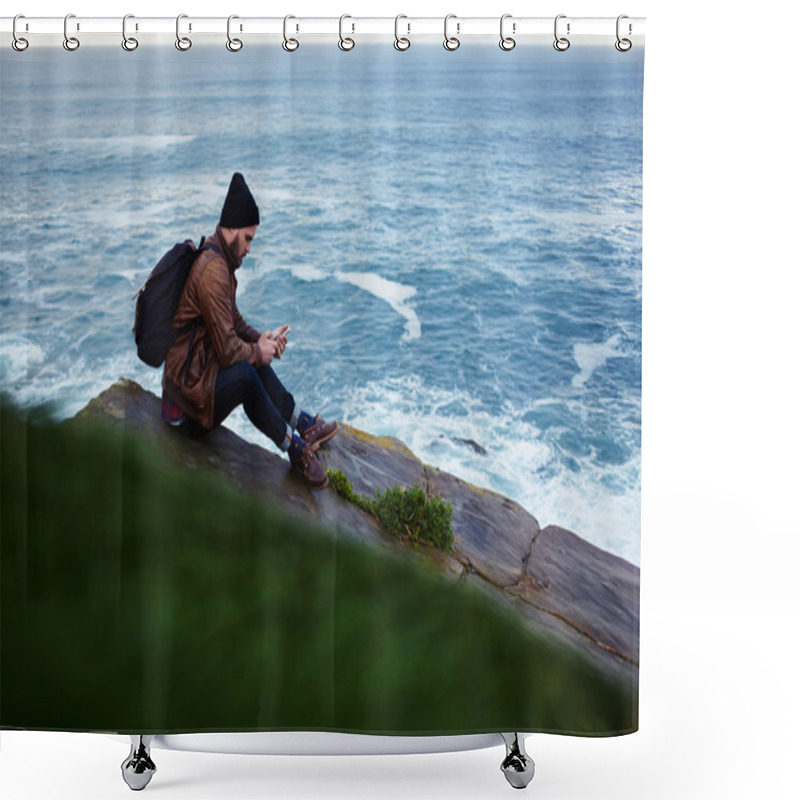 Personality  Stylish Hipster Guy With Cell Telephone Shower Curtains