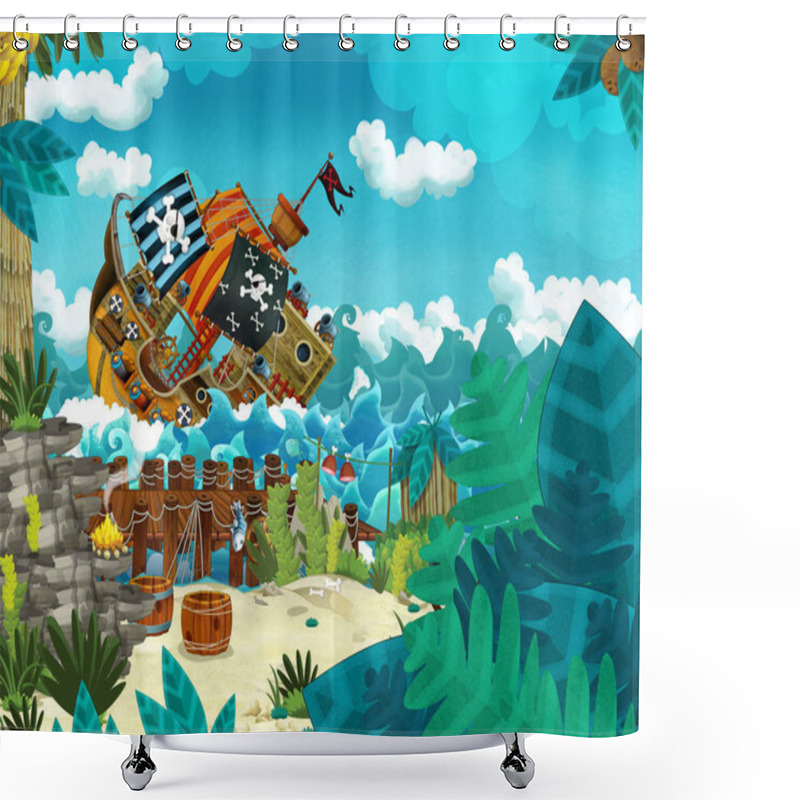 Personality  Cartoon Scene With Pirates On The Sea Battle With Sinking Ship - Illustration For The Children Shower Curtains