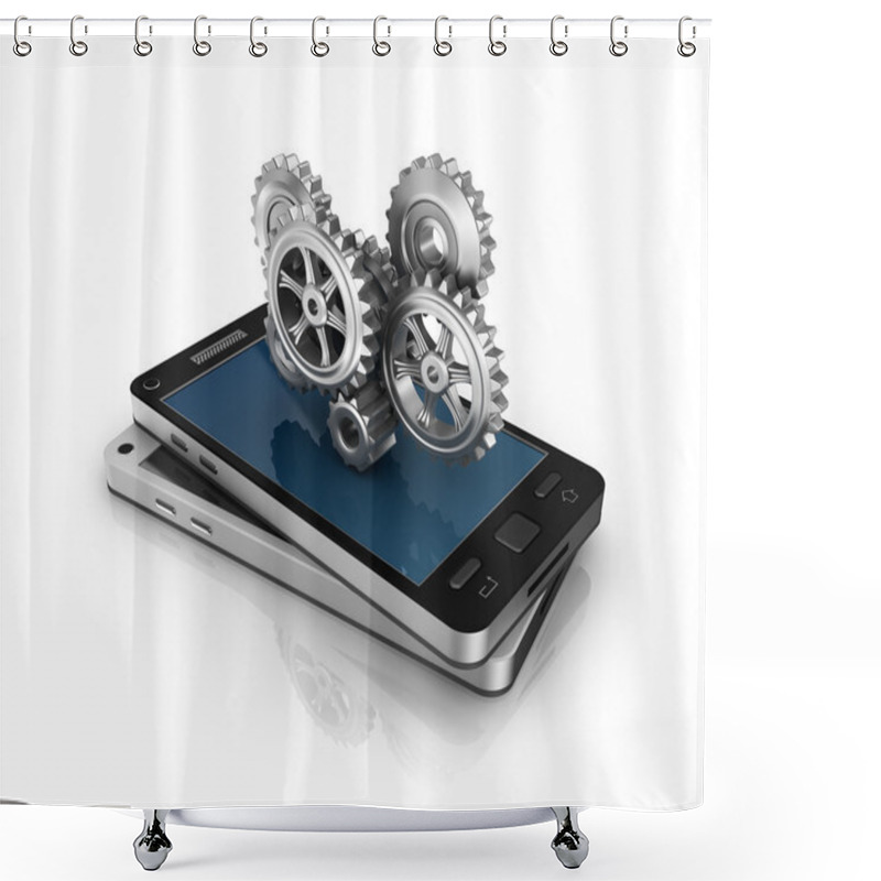 Personality  Mobile Phone And Gears. Application Development Concept. Shower Curtains