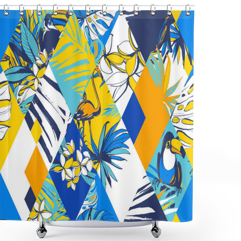 Personality  Seamless Diamond Pattern Tropical Birds, Palms, Flowers. Grunge Ink Style. Shower Curtains