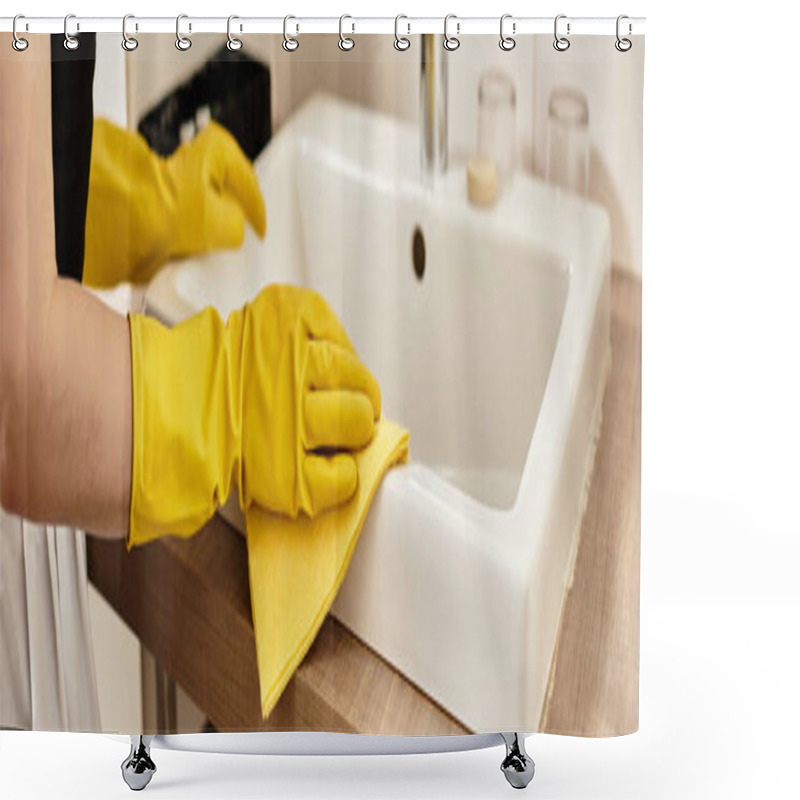 Personality  Bright Kitchen Environment Where A Beautiful Young Woman Cleans A Sink With Yellow Gloves. Shower Curtains