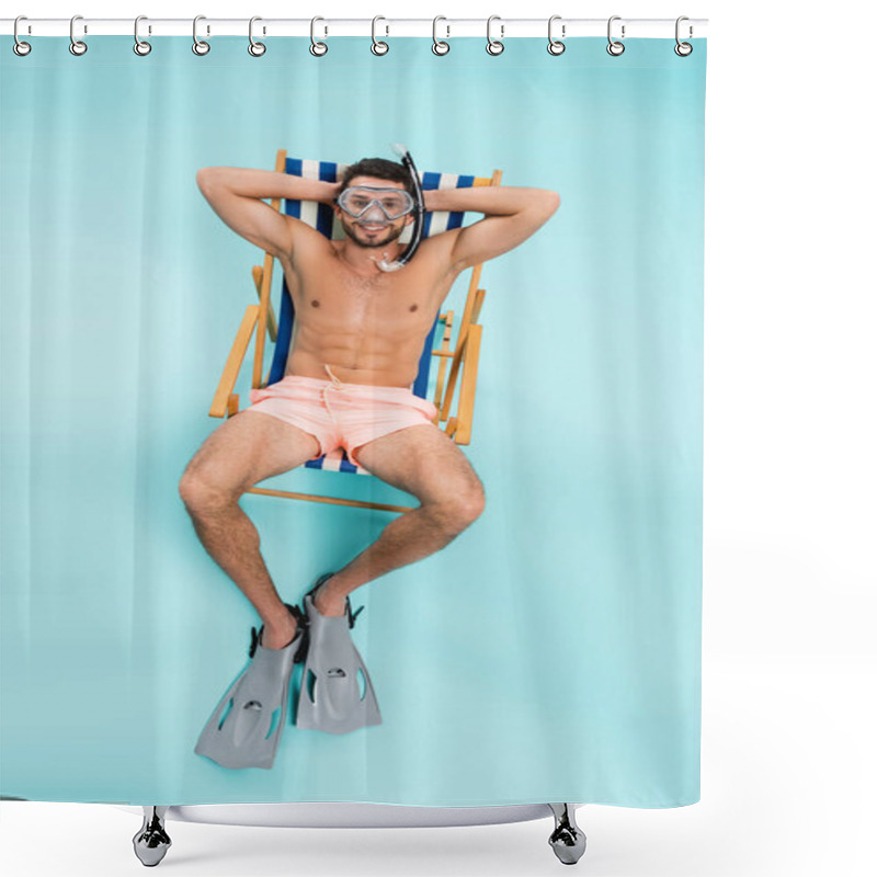 Personality  High Angle View Of Muscular Man In Swimming Goggles And Flippers Smiling On Deck Chair On Blue Background  Shower Curtains