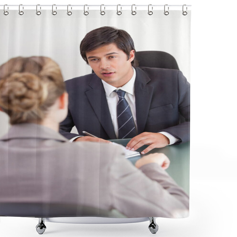 Personality  Portrait Of A Serious Manager Interviewing A Female Applicant Shower Curtains