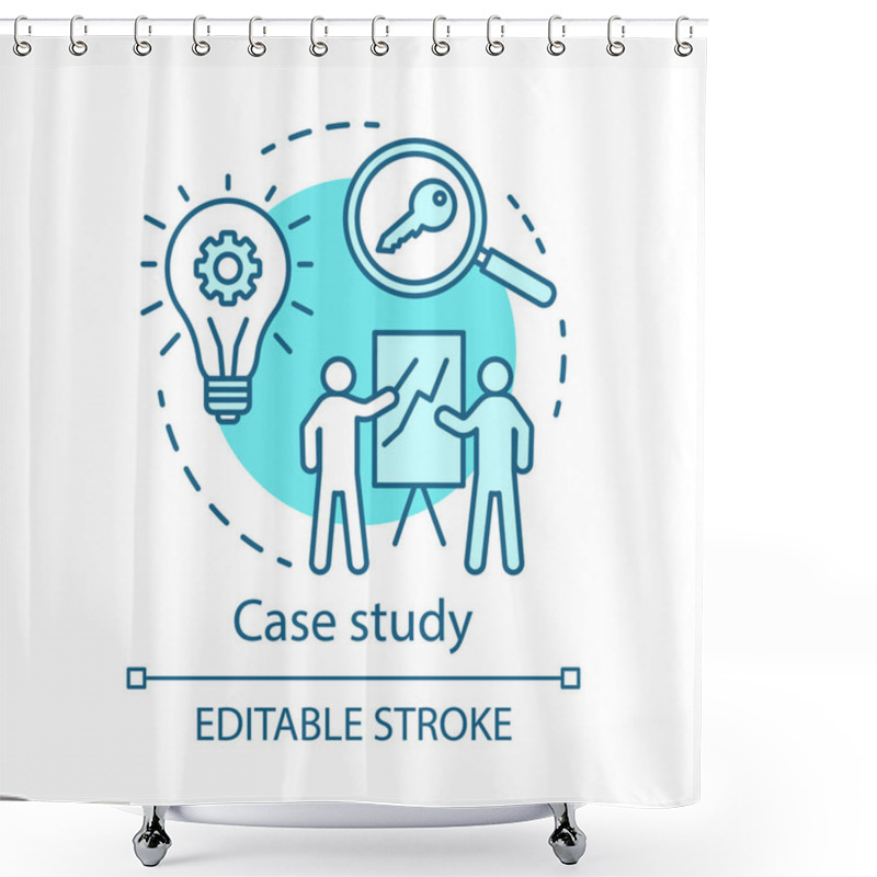 Personality  Case Study Turquoise Concept Icon. Decision Making Content Idea Thin Line Illustration. Research Method. Business Training, Presentation, Report. Vector Isolated Outline Drawing. Editable Stroke Shower Curtains