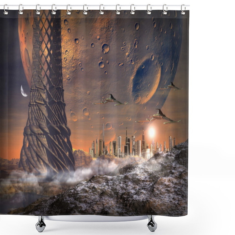 Personality  Alien Planet With Alien Town Shower Curtains