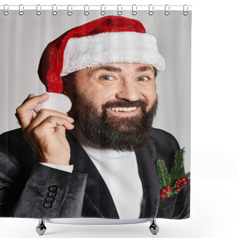 Personality  Portrait Of Positive Handsome Man In Elegant Suit And Santa Hat Posing On Grey Backdrop, Christmas Shower Curtains