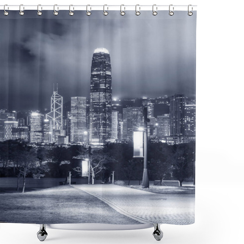 Personality  Pedestrian Walkway In Park And Skyline Of Hong Kong City At Night Shower Curtains