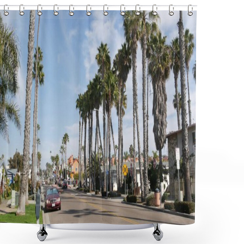 Personality  Oceanside, California USA - 27 Jan 2020: Palm Trees On Typical American Street, Pacific Coast Tropical Resort. Auto Transport On Road, Generic City View. Railroad Level Crossing, Railway Red Signal. Shower Curtains