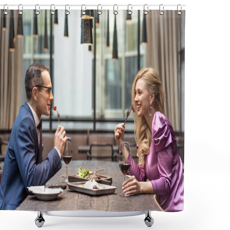 Personality  Side View Of Beautiful Adult Couple Eating At Luxury Restaurant Shower Curtains