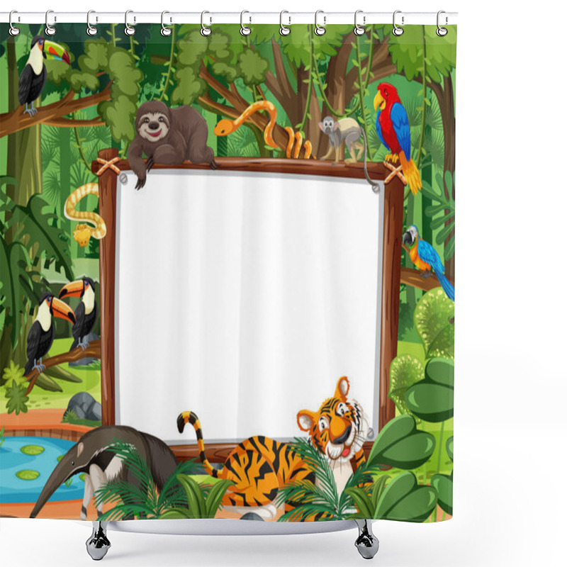 Personality  Blank Banner In The Rainforest Scene With Wild Animals Illustration Shower Curtains