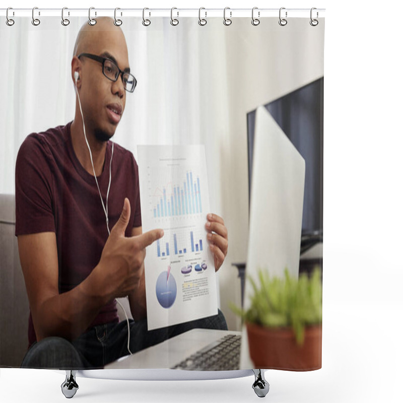 Personality  Young African-American Financial Analyst Showing Report To Colleagues During Online Conference Shower Curtains