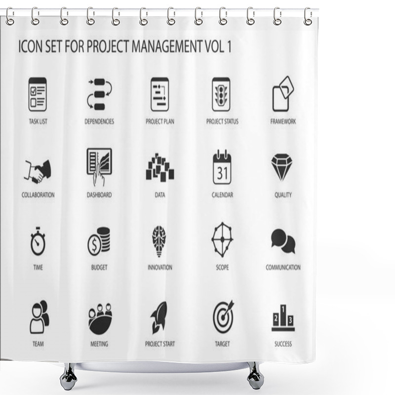 Personality  Project Management Icon Set. Various Vector Symbols For Managing Projects, Such As Task List, Project Plan, Scope, Quality, Team, Time, Budget, Quality, Meetings. Shower Curtains