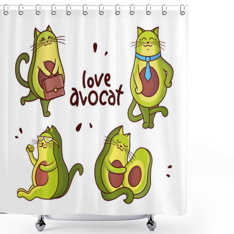 Personality  Cartoonish Cats Love Avocado And Healthy Lifestyle. Shower Curtains