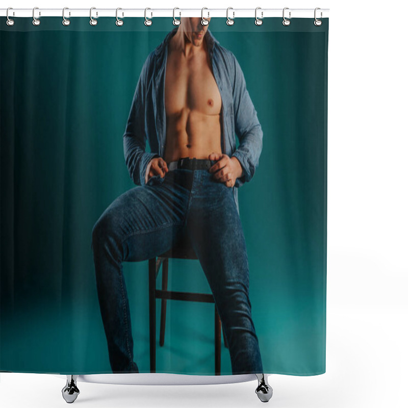 Personality  Sports Man Sitting On A Chair With Unbuttoned Shirt Posing On A Turquoise Background In Studio Shower Curtains