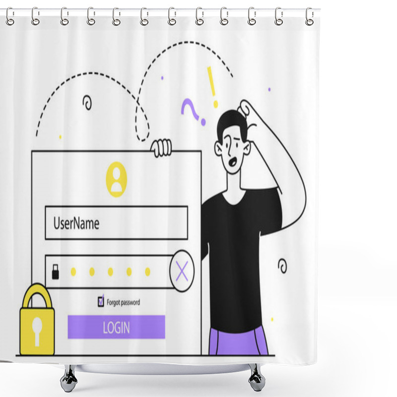 Personality  Man Forgot Password Linear Concept. Young Guy Having Difficulty Logging Into Website. User Cannot Log Into Account Or Profile. Doodle Flat Vector Illustration Isolated On White Background Shower Curtains