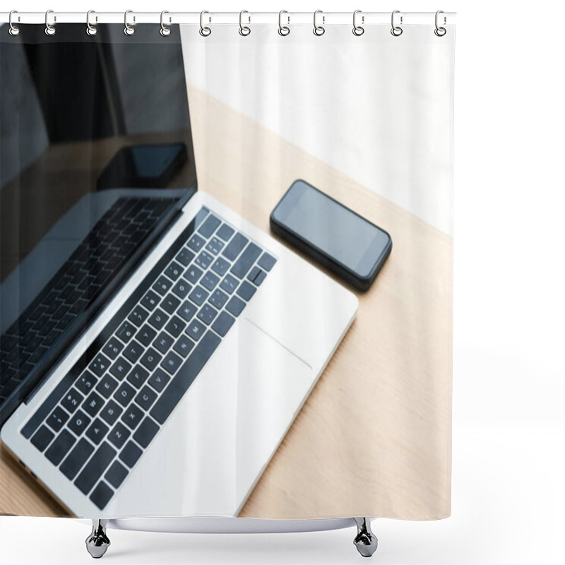 Personality  Laptop And Smartphone With Blank Screens On Wooden Table  Shower Curtains