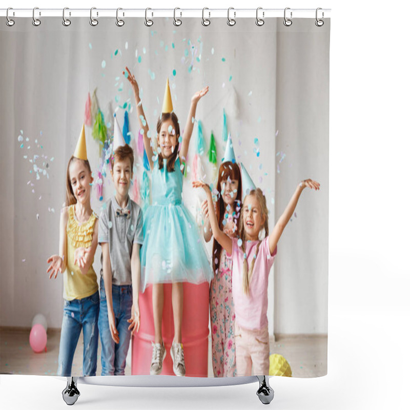 Personality  Adorable Kids Have Fun Together, Throw Colourful Confetti, Wears Cone Hats, Have Fun At Birthday Party, Play Together In Different Games, Spend Time In Decorated Room. Children And Events Concept Shower Curtains