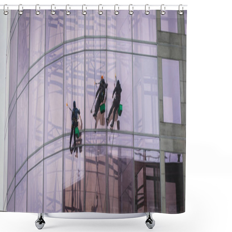 Personality  Group Of Workers Cleaning The Windows On The High Rise Building, Industrial Mountaineers Washing The Glass Facade Of A Modern Office Buildin Shower Curtains