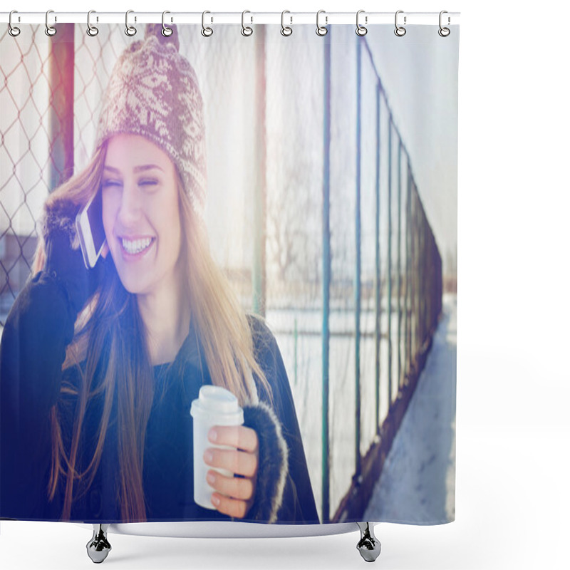 Personality  Happy Teenage Girl With Takeaway Coffee Talking On Smartphone Shower Curtains