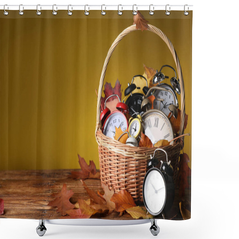 Personality  Alarm Clocks And Dry Leaves In Wicker Basket On Wooden Table Against Olive Background, Space For Text Shower Curtains