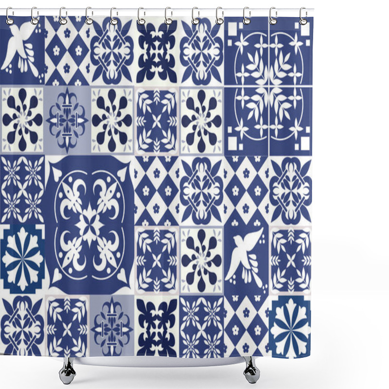 Personality  Blue Portuguese Tiles Pattern - Azulejos Vector, Fashion Interior Design Tiles  Shower Curtains