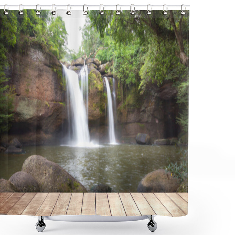 Personality  Wooden Table With Environmental In Water Fall  Forest. Shower Curtains