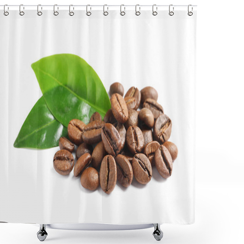 Personality  Roasted Coffee Beans And Fresh Green Leaves On White Background Shower Curtains