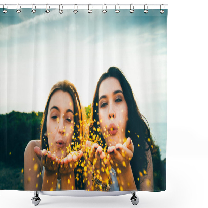 Personality  Funny Girls Blowing Golden Glitter Over A Cliff Shower Curtains