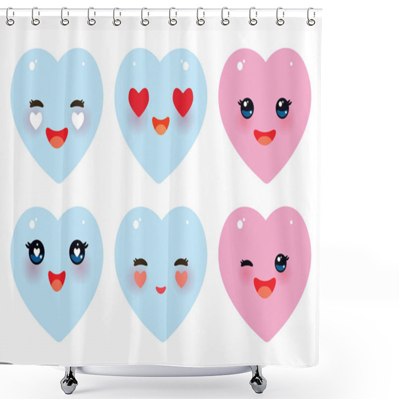 Personality  Emoji Set Collection Card Design With Funny Kawaii Heart Pink Blue, Isolated On White Background. Valentine's Day Card Banner Template. Vector Shower Curtains