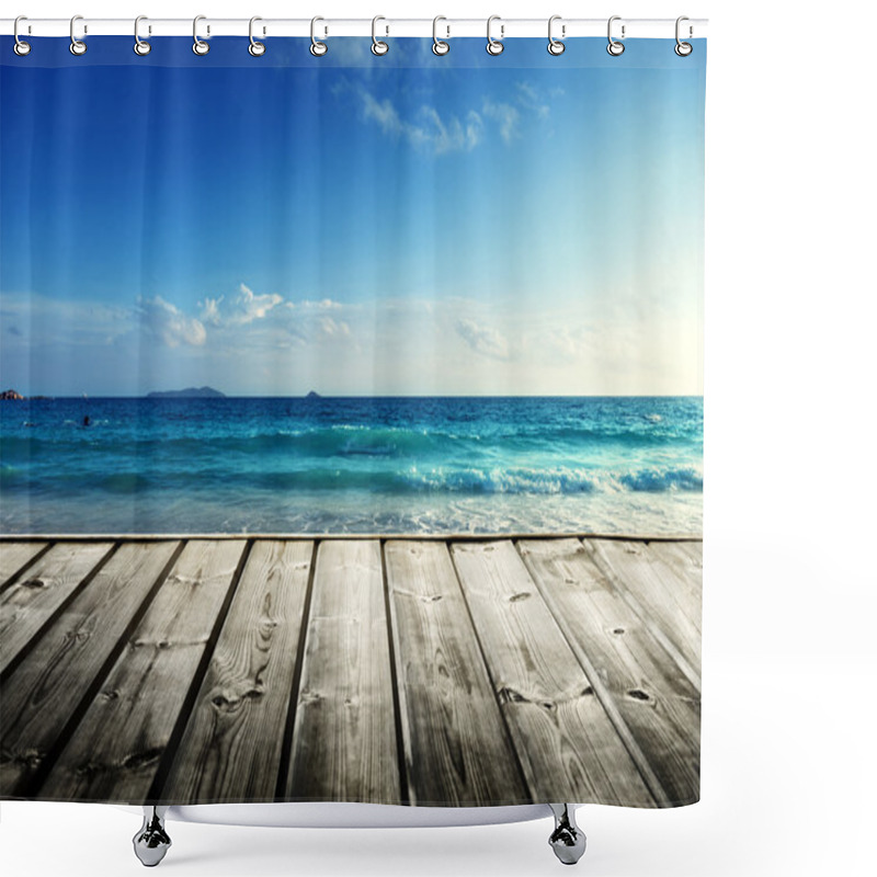 Personality  Seychelles Beach And Wooden Pier Shower Curtains