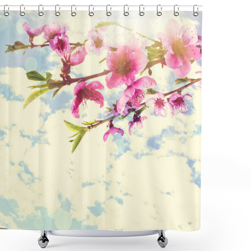 Personality  Beautiful Pink Peach Blossom On Cloudy Sky Background Shower Curtains