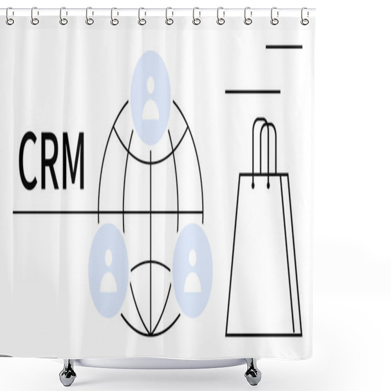 Personality  CRM Text With Globe And Customer Icons, Signifying Global Networking. Shopping Bag Icon To Represent Retail. Ideal For Business Management, Marketing Strategy, Customer Relationships, E-commerce Shower Curtains