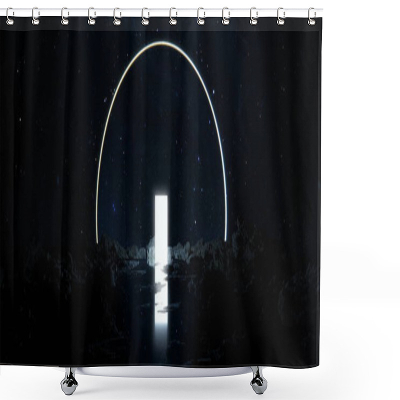 Personality  Glowing Space Portal Is Reflected In Water. Door To Other Worlds And Galaxies Among Stones. Journey Into Future To The Stars And Nebulae. 3d Render Shower Curtains