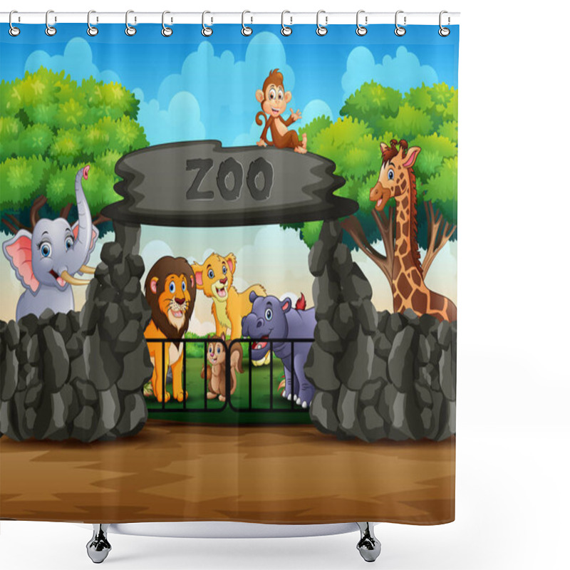 Personality  Zoo Entrance Outdoor View With Different Cartoon Animals Shower Curtains