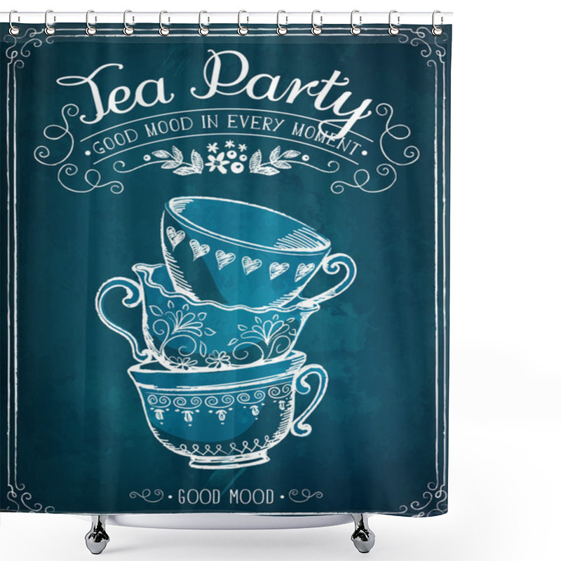 Personality  Invitation To The Tea Party. Retro Illustration Tea Party With Cups Shower Curtains