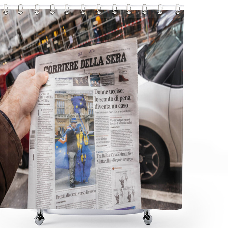 Personality  Italian Press Writing About Brexit Man Taking Newspaper From Stand Shower Curtains