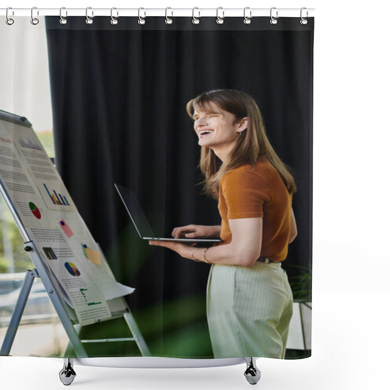 Personality  A Young Non Binary Person Engages With A Laptop While Presenting Colorful Charts And Data. Shower Curtains