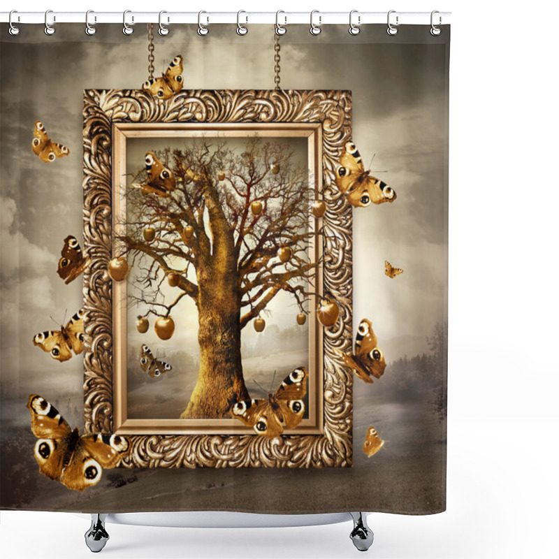 Personality  Magic Tree With Golden Apples And Butterflies In Frame. Concept Shower Curtains