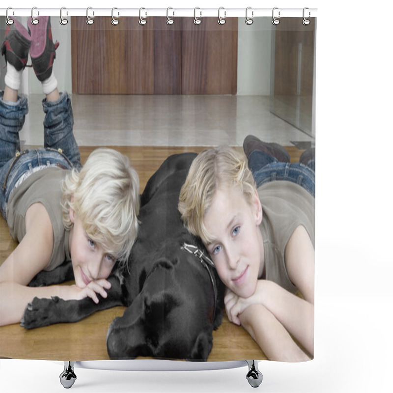 Personality  Two Brothers At Home Relaxing On The Floor Their Pet Dog. Shower Curtains