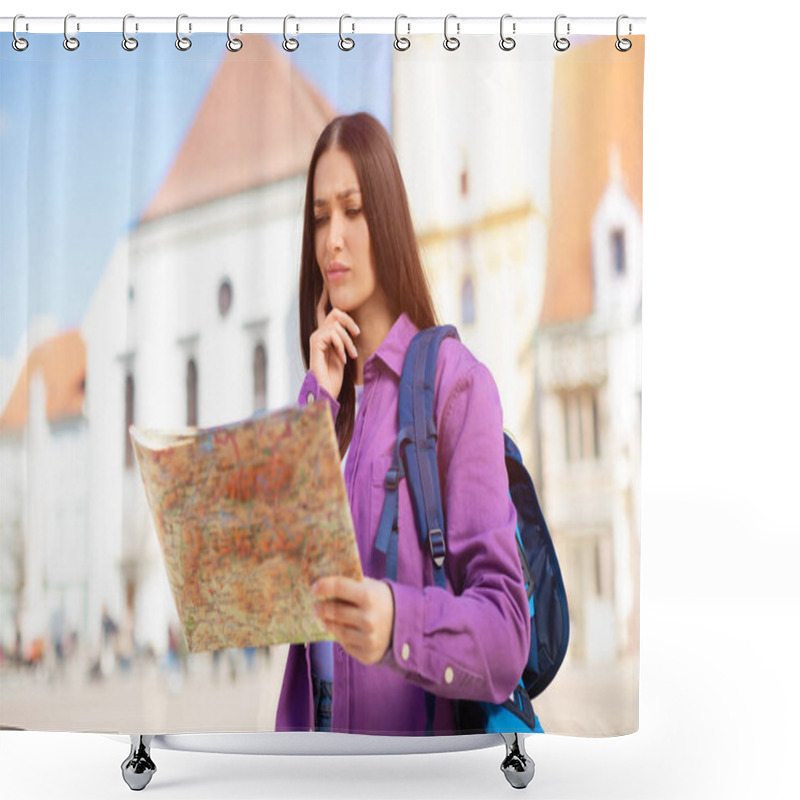 Personality  A Young Woman Tourist With A Backpack Seems Lost, Holding A Map With Historical Buildings In The Background Shower Curtains