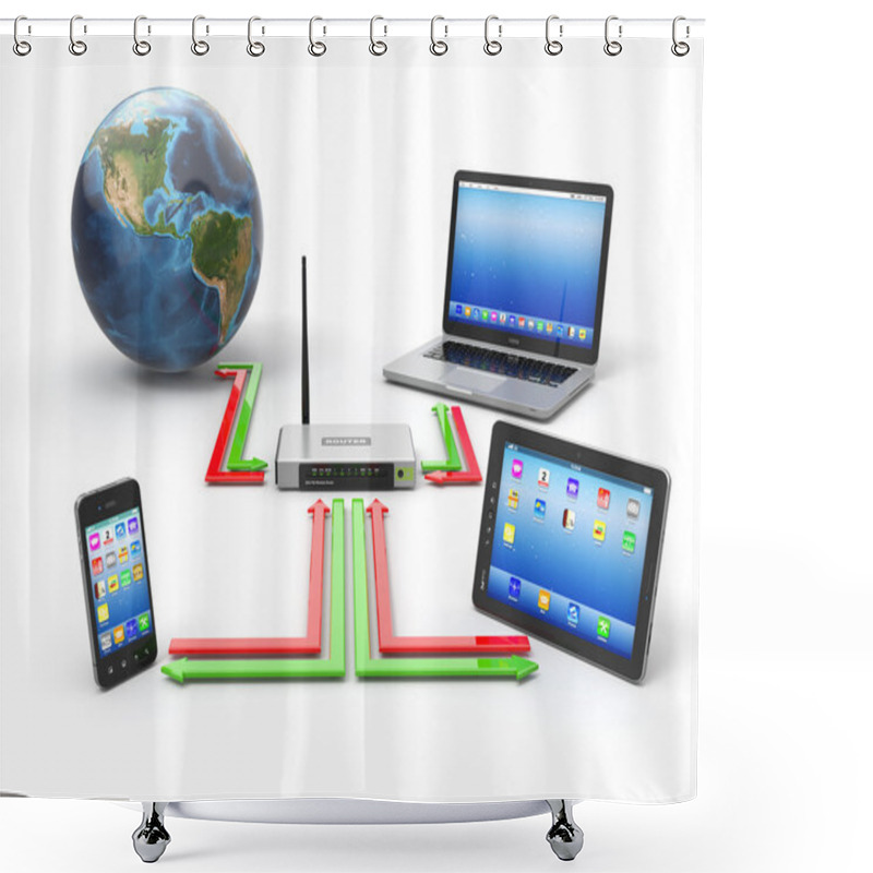 Personality  Concept Of Home Network. Sync Devices Shower Curtains