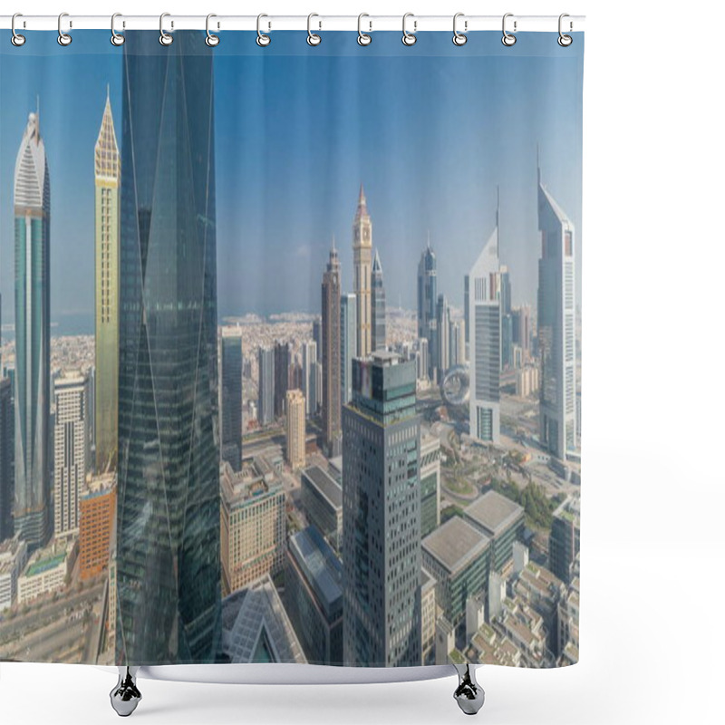 Personality  Panorama Of Futuristic Skyscrapers In Financial District Business Center In Dubai On Sheikh Zayed Road . Aerial View From Above With Office Towers Shower Curtains