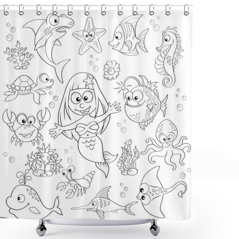 Personality  Big Set Of Cute Cartoon Sea Animals And Mermaid Shower Curtains